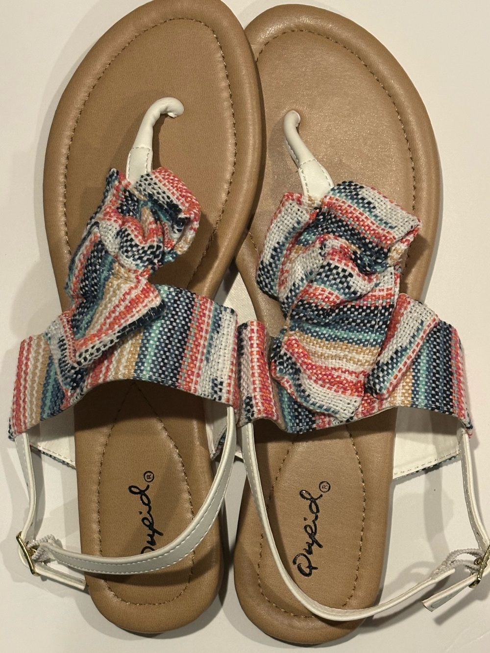 Qupid White Strap Sandals with Multicolor Striped Ruffle